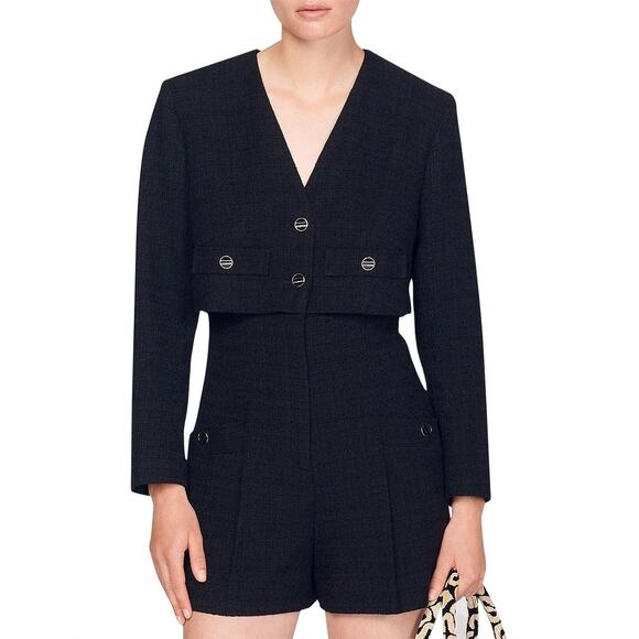 Sandro Seal Tweed Romper Black Long Sleeve Button Pockets V Neck 36 4 S - Picture 1 of 14